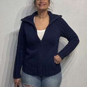 DKNY Navy Blue Knit Full Zip Sweater Sz M